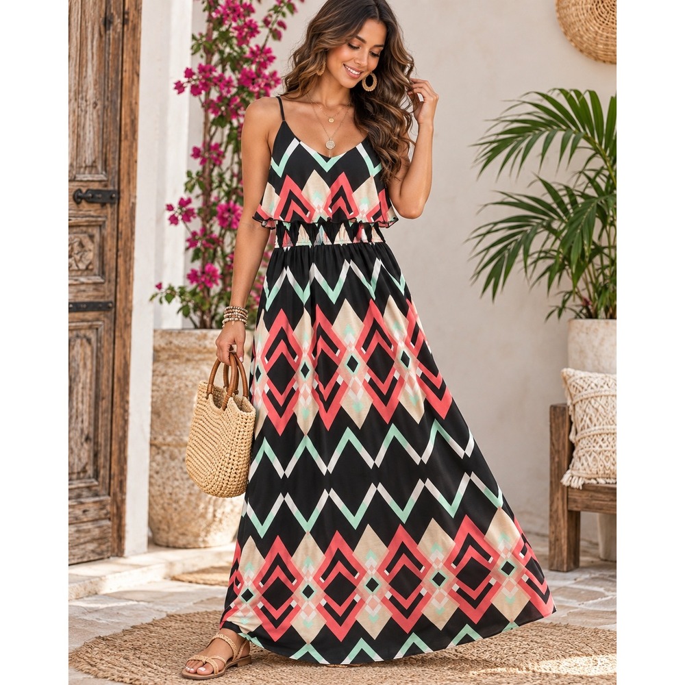 Geometric Chevron Diamond Print Ruffle Tiered Maxi Dress Black Coral Mint